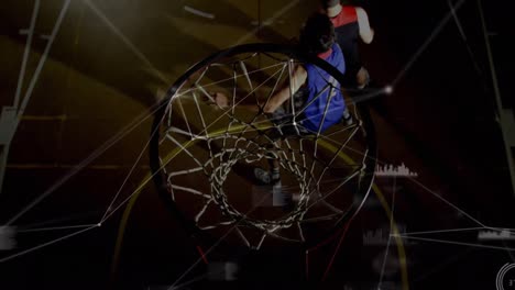 animation of data processing and networks of connections over diverse basketball players at gym