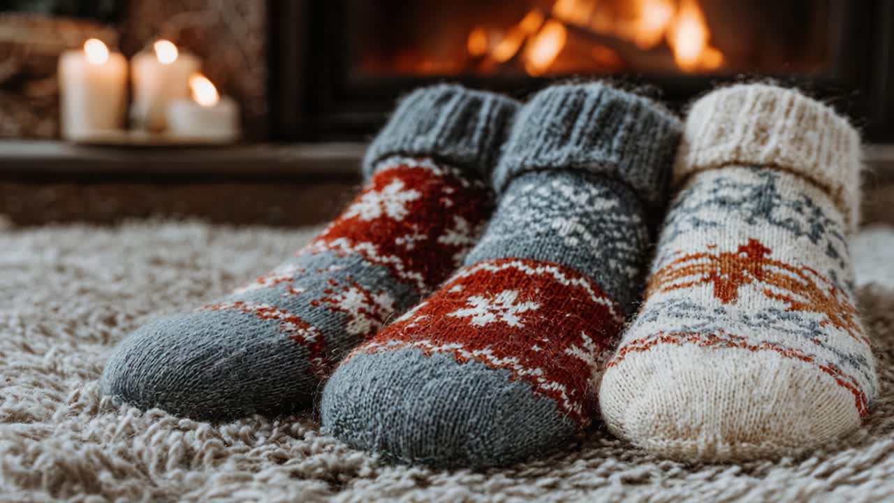 Cozy Homemade Knitted Socks by the Fireplace: A Perfect Winter Scene with Warmth and Comfort