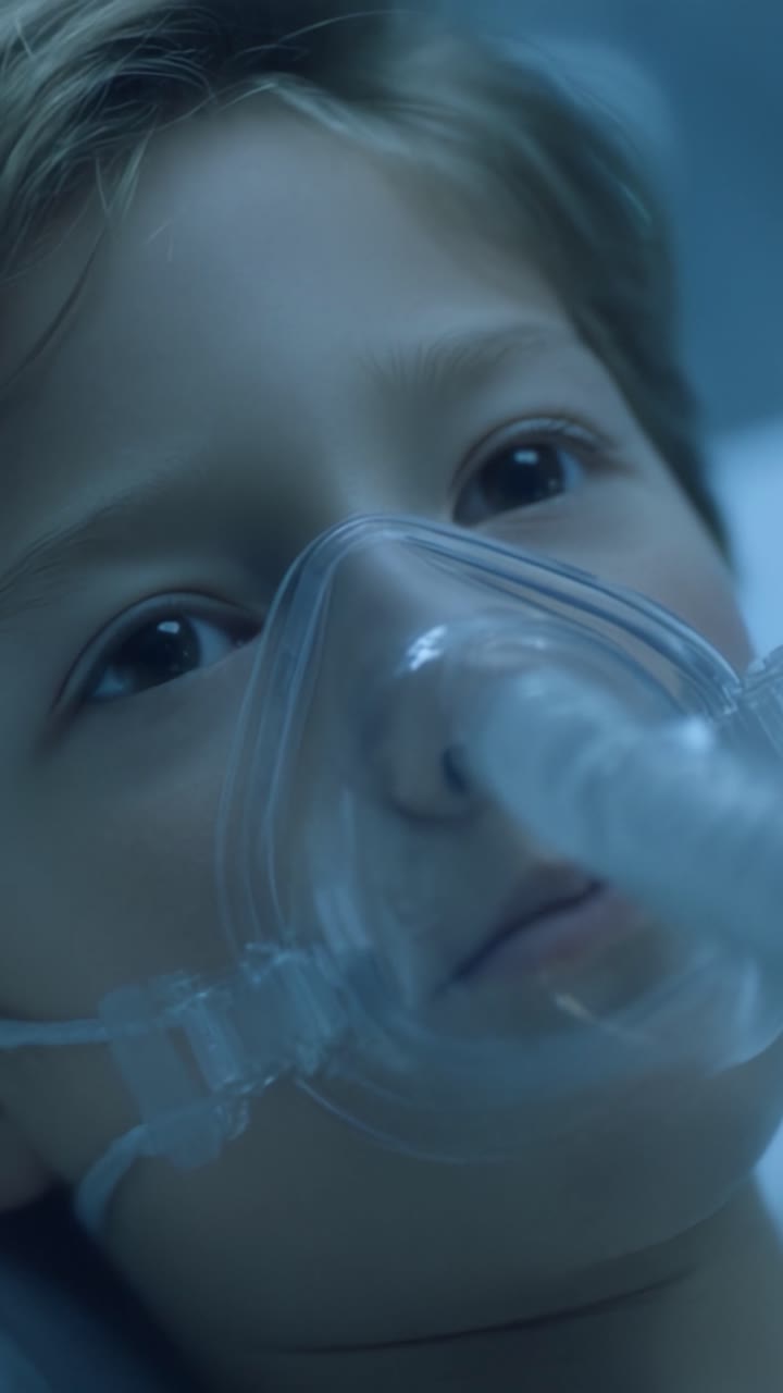 A Young Boy's Struggle for Breath in a Medical Environment: The Emotional Journey of Hope and Resilience Captured in Two Frames