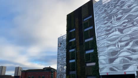 Aparcamiento-Moderno-En-La-Calle-Con-Una-Pared-Verde-En-El-Lateral