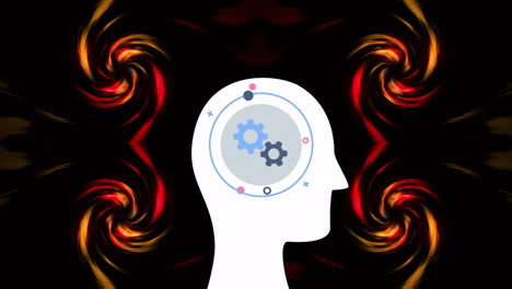 animación de engranajes mecánicos con círculos en la cabeza humana sobre patrones espirales dinámicos