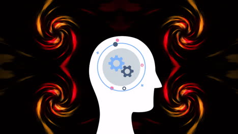 animation of mechanicals gears with circles in human head over dynamic spiral patterns