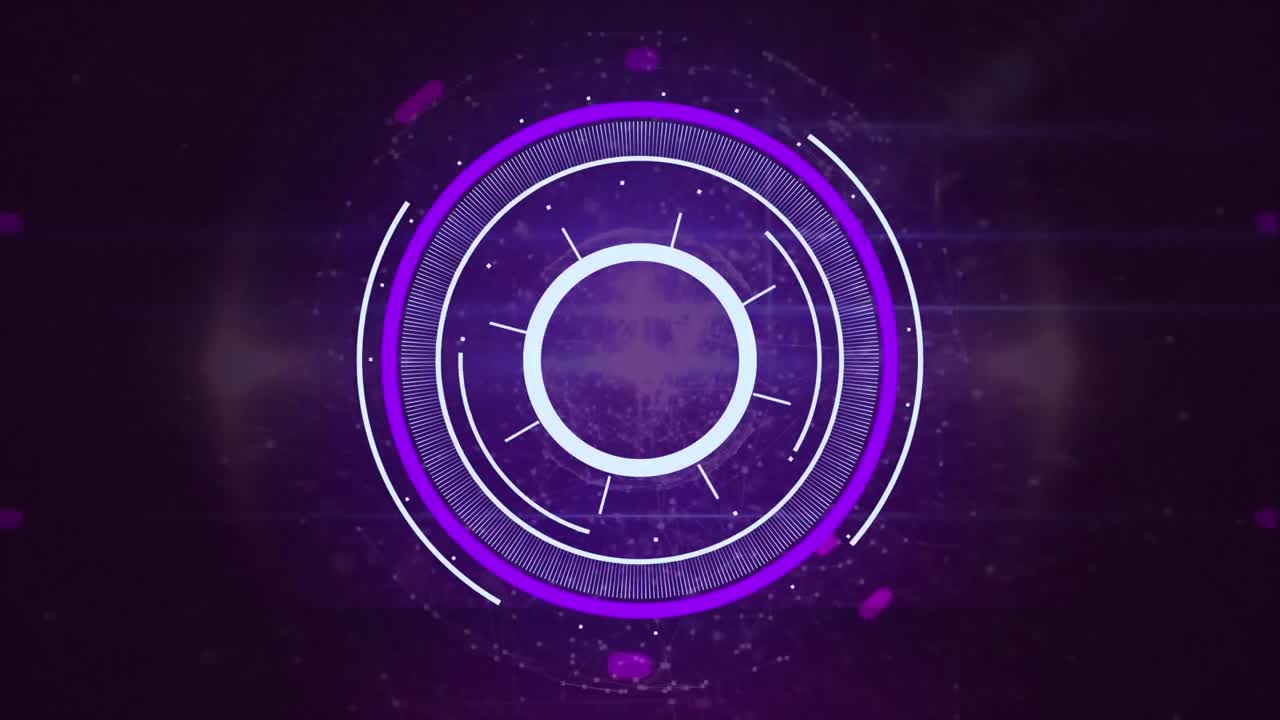 animación de la red de iconos de perfil y rastros de luz sobre el escáner redondo púrpura de neón