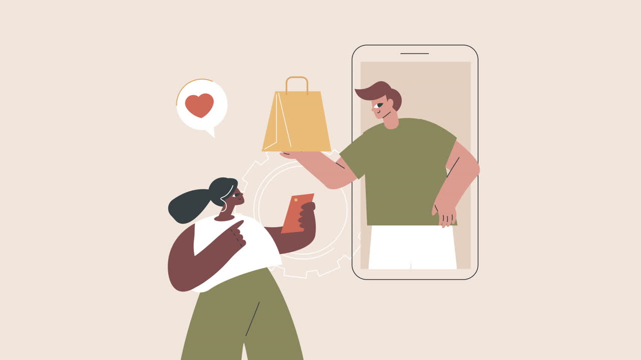 스마트폰 화면에 온라인 판매자의 인터랙티브 광고 캠페인과 행복한 고객을 특징으로하는 2d 평면 만화 애니메이션