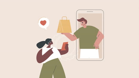 una animación de dibujos animados plana en 2d con la campaña publicitaria interactiva de un proveedor en línea en una pantalla de teléfono inteligente y un cliente feliz