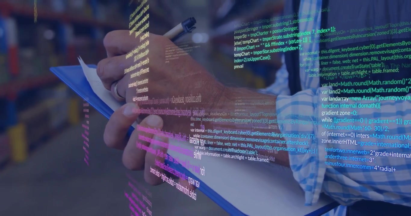 Man placing clipboard and writing inventory notes while holographic code stream sliding over hands
