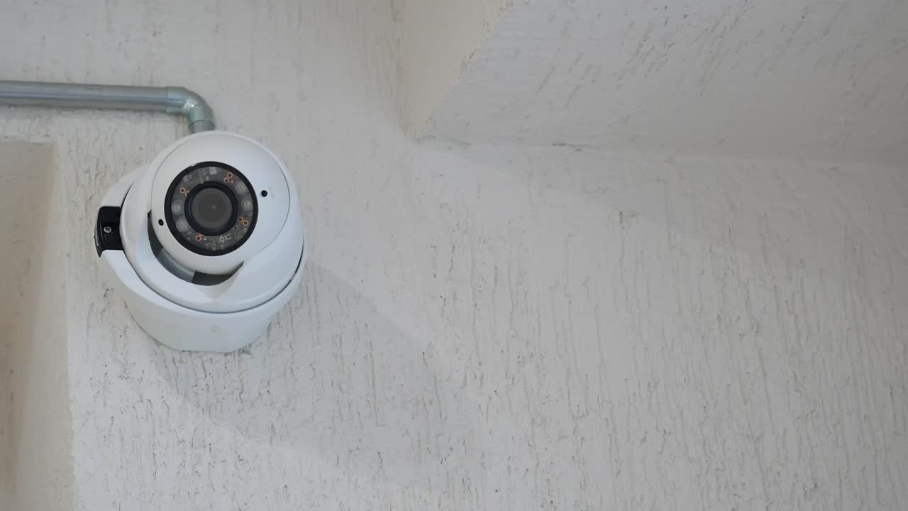 White Dome Security Camera Mounted on a Textured Wall