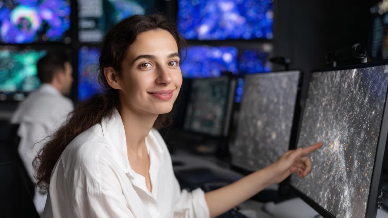 A Focused Data Analyst Enthusiastically Explores Complex Visualizations of Cosmic Data in a High-Tech Research Environment, Sharing Insights with Colleagues