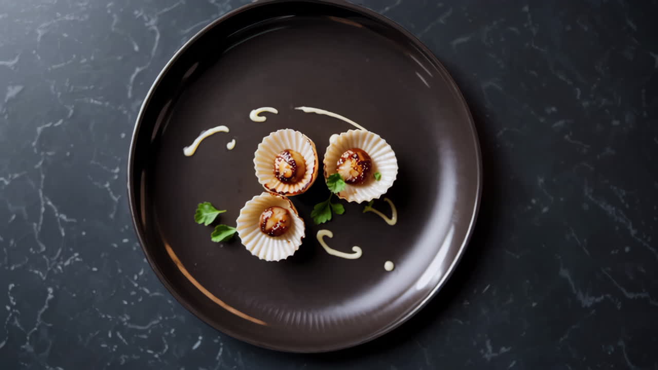Gourmet stegte kammuslinger på en mørk tallerken