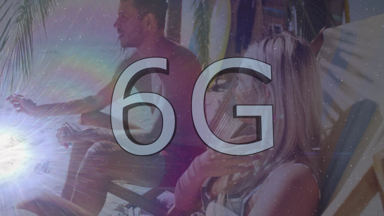 6G text animation displayed while people relaxing on beach chairs near ocean