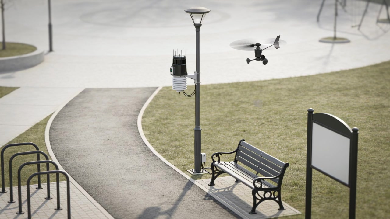 Piccolo drone che riceve il comando del pilota, volando attraverso il sentiero del parco vicino a un sensore del lampione e una panchina.