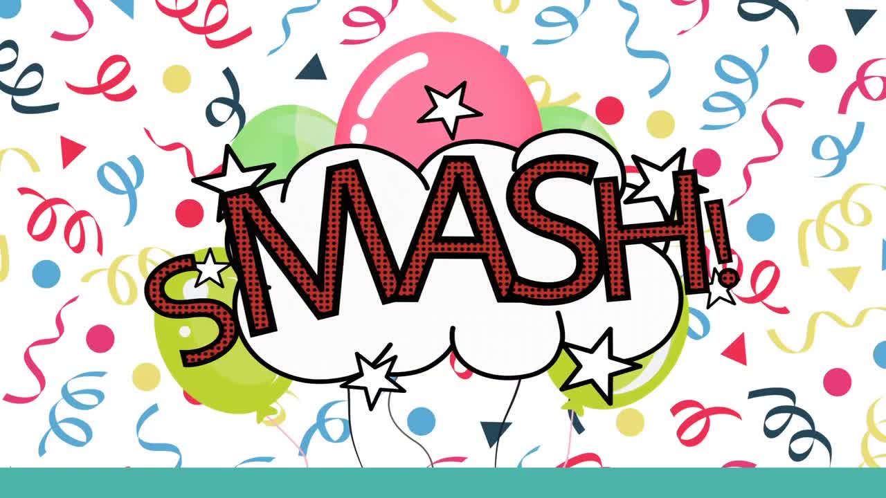 animación de la palabra triturar en la nube con globos flotantes y serpentinas en blanco