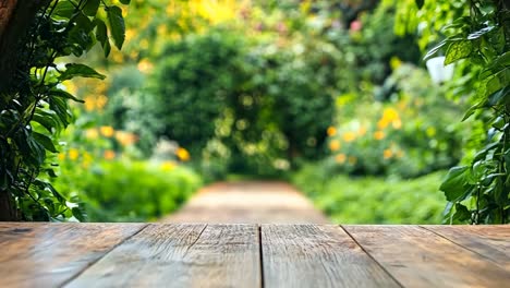 a wooden table in the middle of a lush green garden