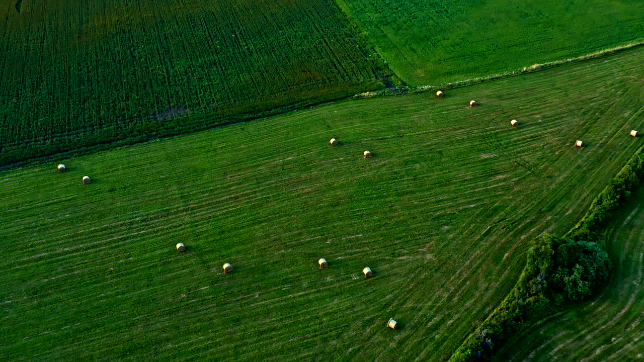 High-Level Aerial View of Green Fields, Trees, and Bales of Straw - Dolly Shot