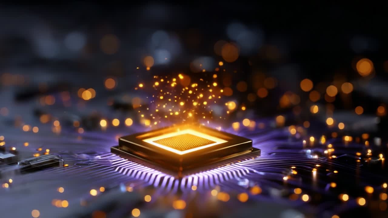 A Stunning Visualization of a Microprocessor with Glowing Particles, Showcasing the Intricate Design and Technological Advancements in Computing Power and Semiconductor Innovation