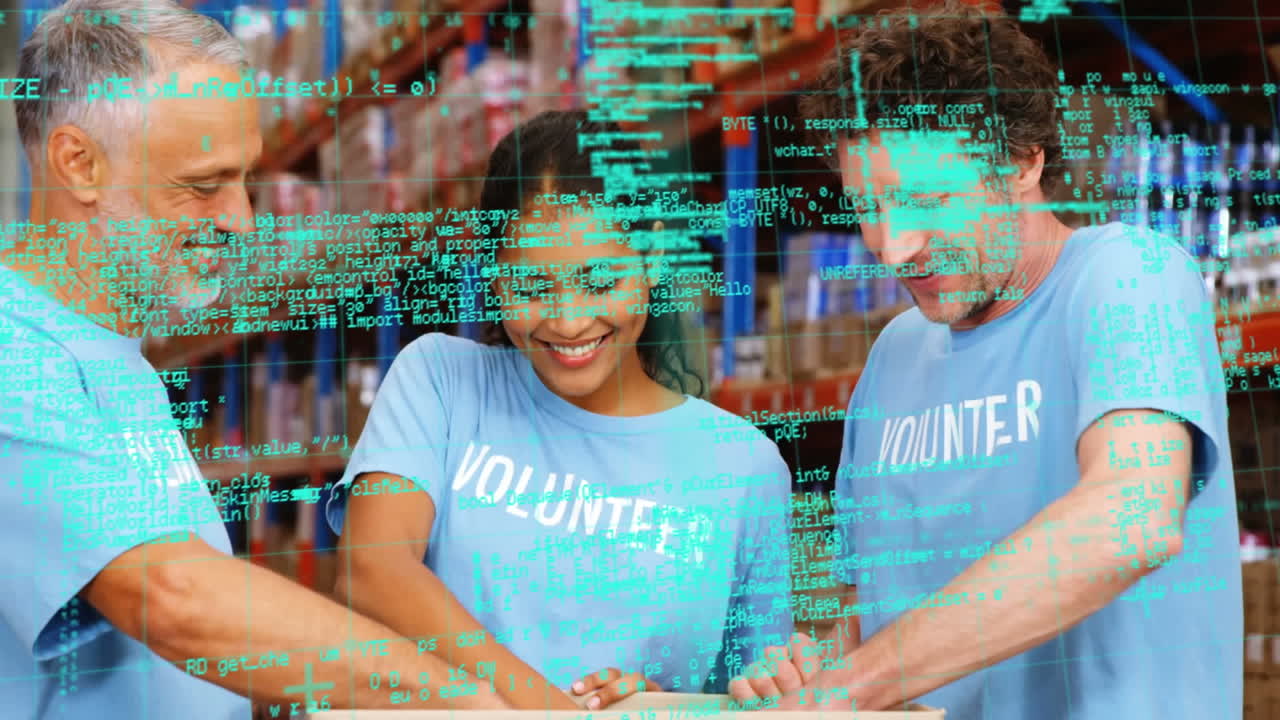 Animation of data processing over diverse people working in warehouse