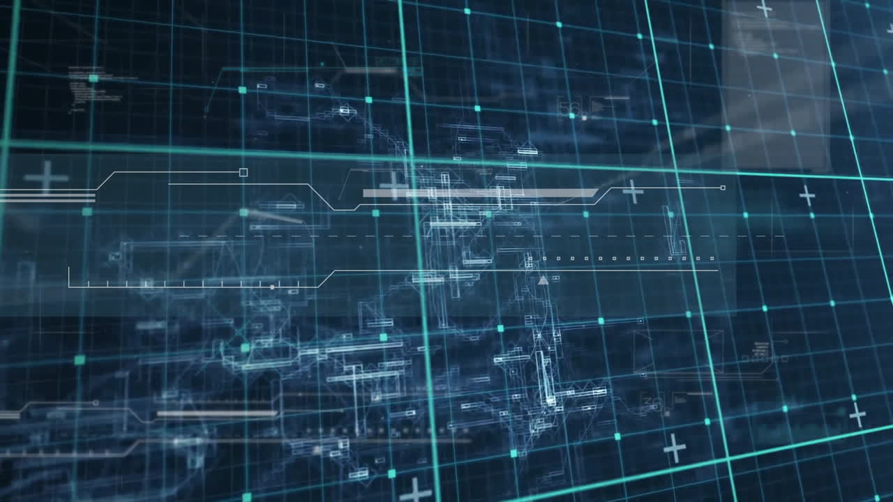 Animation of futuristic digital interface with grid lines and abstract patterns