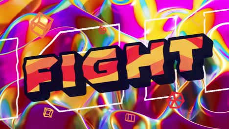 animación digital de texto de lucha y formas abstractas contra un fondo de textura líquida colorida