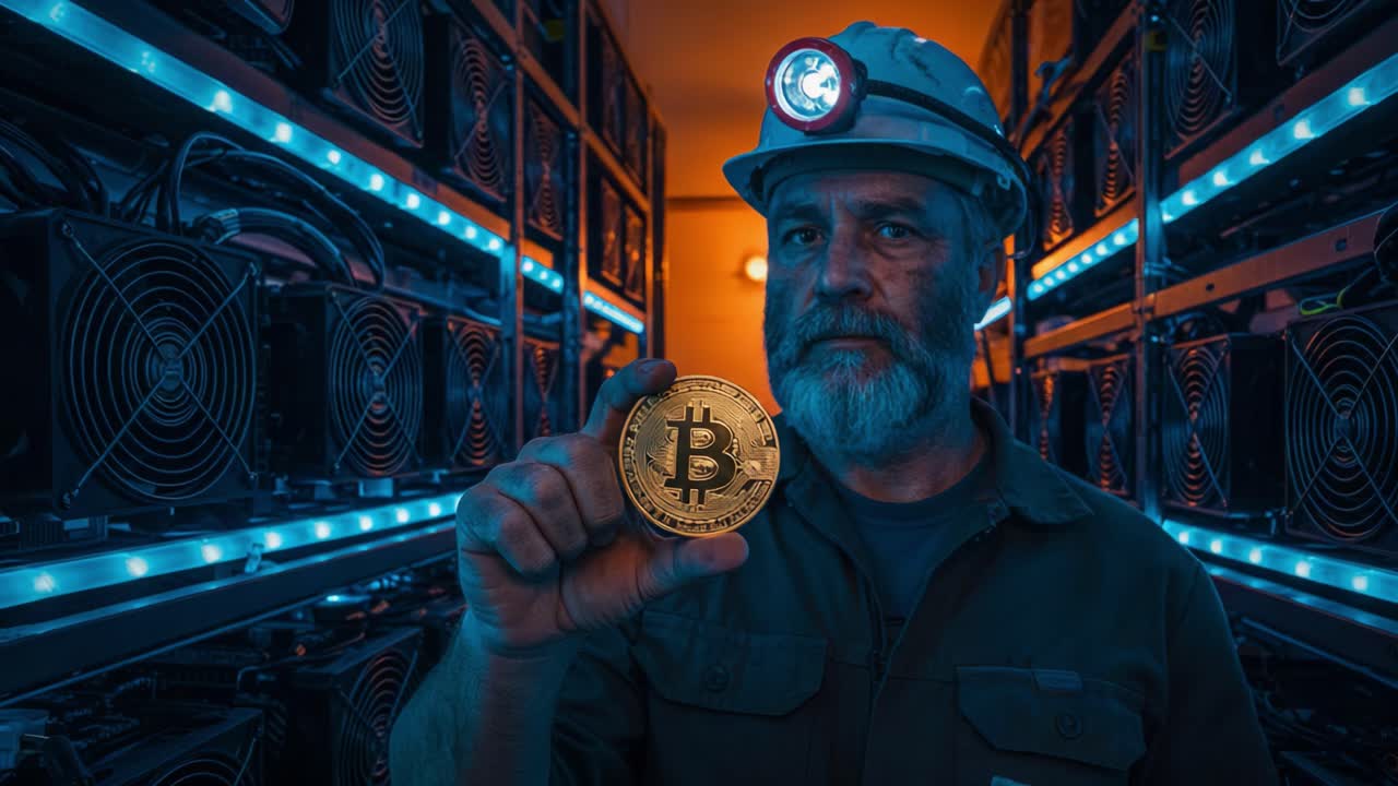 A Dedicated Miner Showcasing a Bitcoin in an Advanced Cryptocurrency Mining Facility Lit by Blue LED Lights