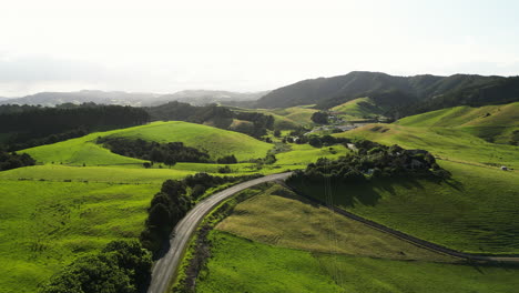 new zealand north island nz aerial scenic panoramic view of green valley with narrow asphalted road with sunshine