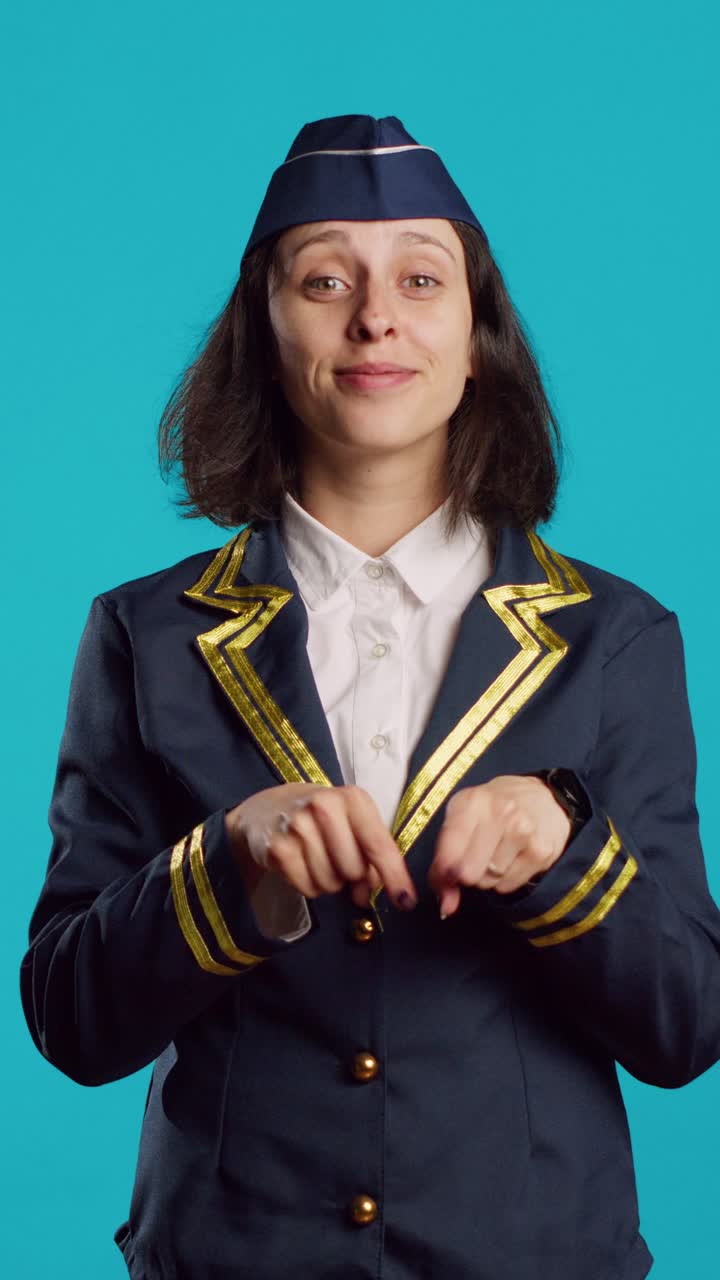 Video verticale: sorridente aereo di linea che fa un segno a forma di cuore con le mani