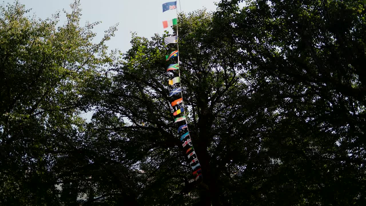 Colorful international flags strung high in a lush green park swaying gently on a breezy day