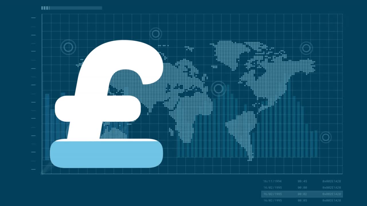 Simbol pound sterling terisi warna biru, dengan latar belakang layar hijau