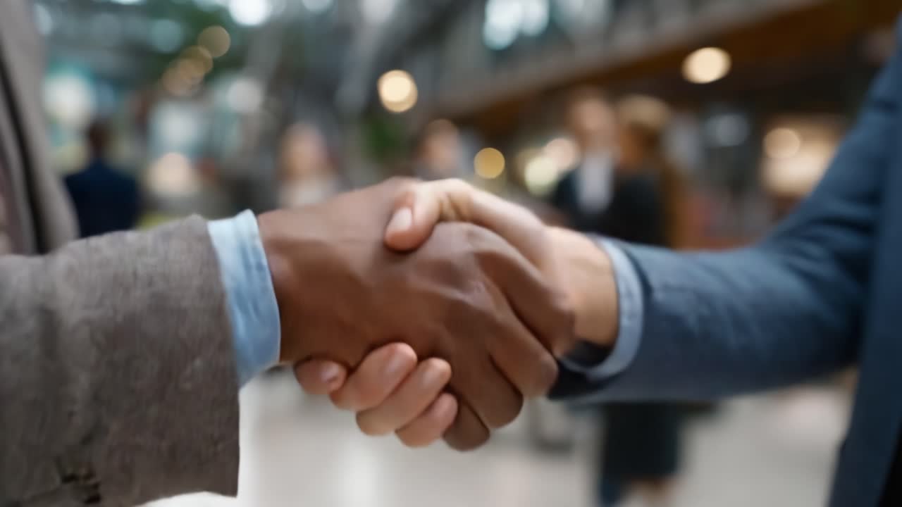 A professional handshake symbolizes partnership and collaboration in a business environment, fostering trust and connection between individuals in a modern setting