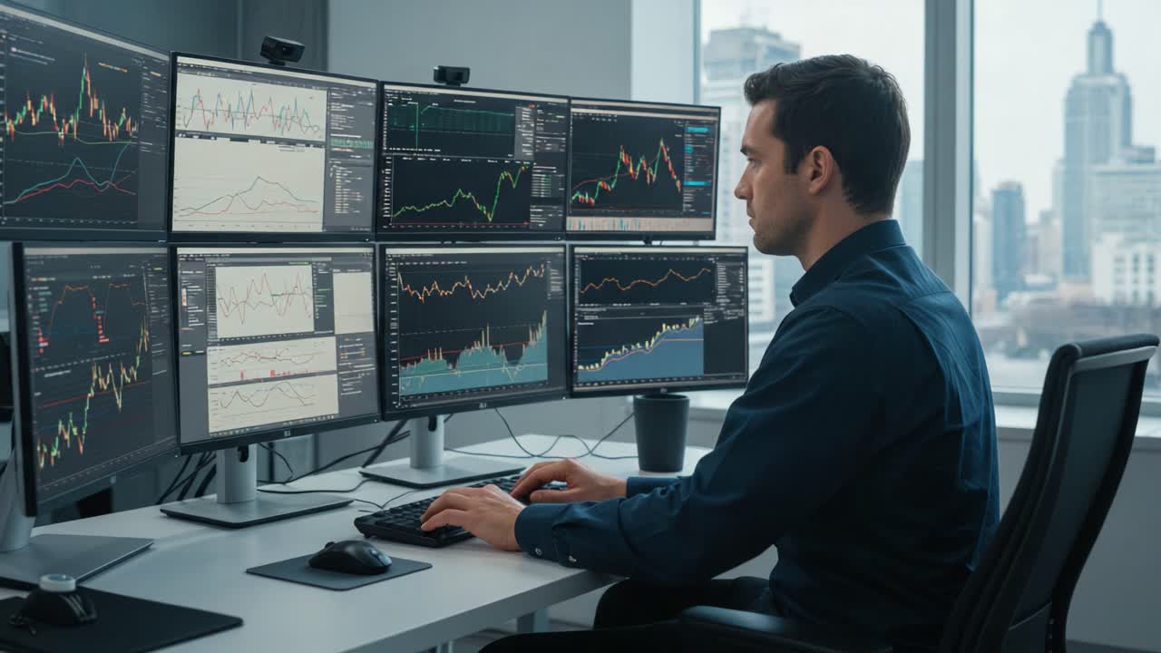 Focused Analyst Monitoring Market Trends through Multiple Monitors in a Modern Office Environment with Cityscape View