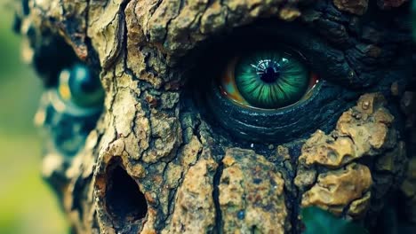 a close up of a tree with a green eye