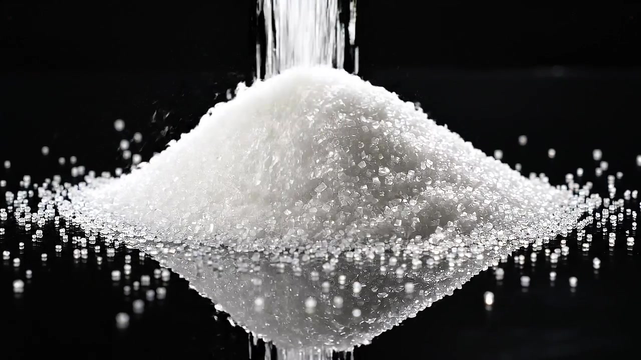 Zucchero semolato bianco che si versa su un mucchio su sfondo nero