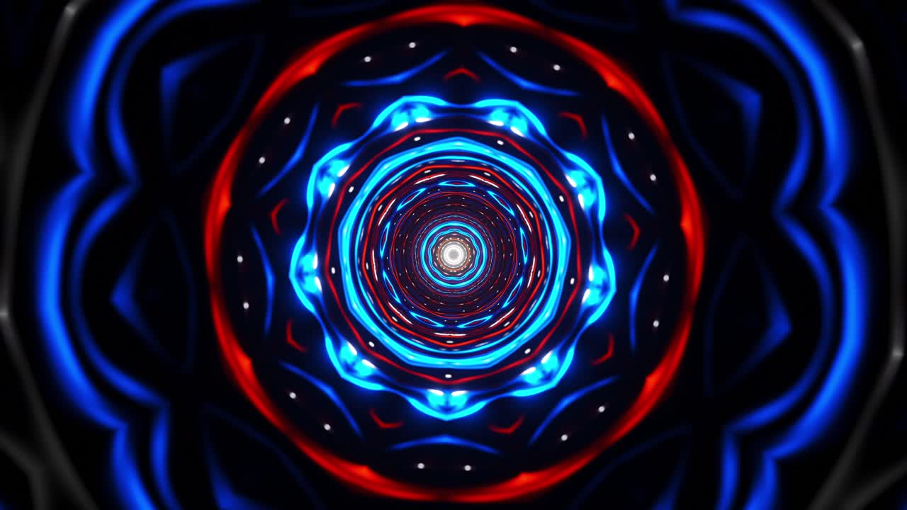 Animazione circolare rossa e blu con sfondo nero. VJ loop caleidoscopico.
