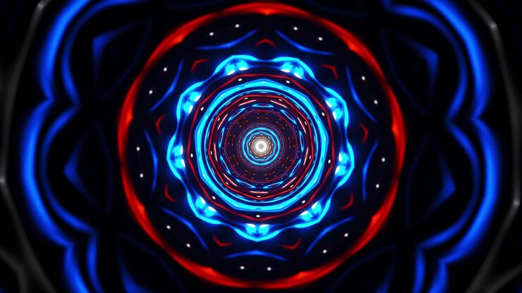 Animação circular vermelha e azul com fundo preto. VJ Loop Caleidoscópio.