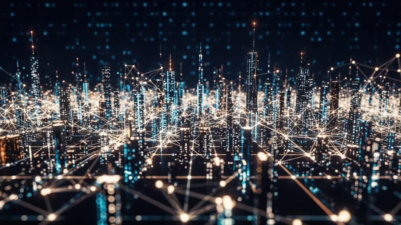 A Stunning Visualization of a Futuristic Digital Cityscape Filled with Glowing Lights and Interconnected Data Points Representing Advanced Technology Networks