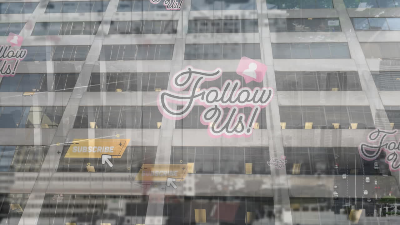 цифровая композиция нескольких икон социальных сетей, плавающих на фоне высокого здания