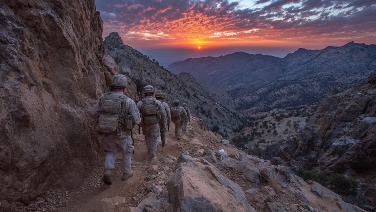 Un gruppo di soldati che attraversa un terreno impervio al tramonto, circondati da maestose montagne e un cielo mozzafiato al tramonto, sottolineando le sfide delle pattuglie militari.
