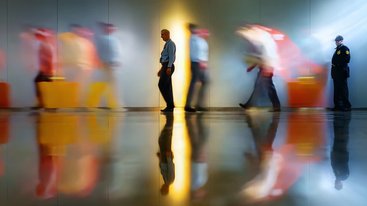 A Series of Moments: Capturing the Journey of a Man Walking Through a Motion-Filled Space with Reflections and Interaction with Shadowy Figures and Security Presence