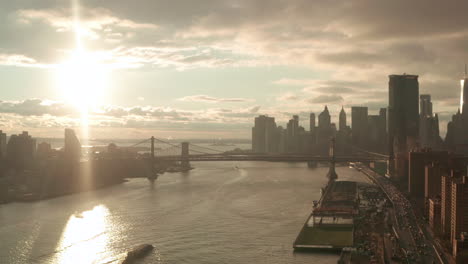 slow rising aerial shot over the east river new york city