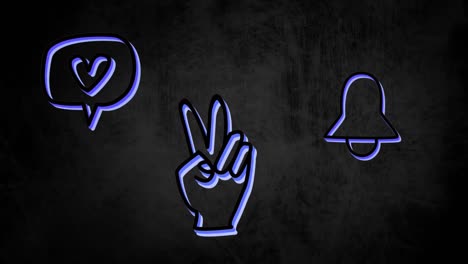 Animation-of-icons-of-bell-hand-and-a-speech-bubble-with-heart-flickering-on-black-background