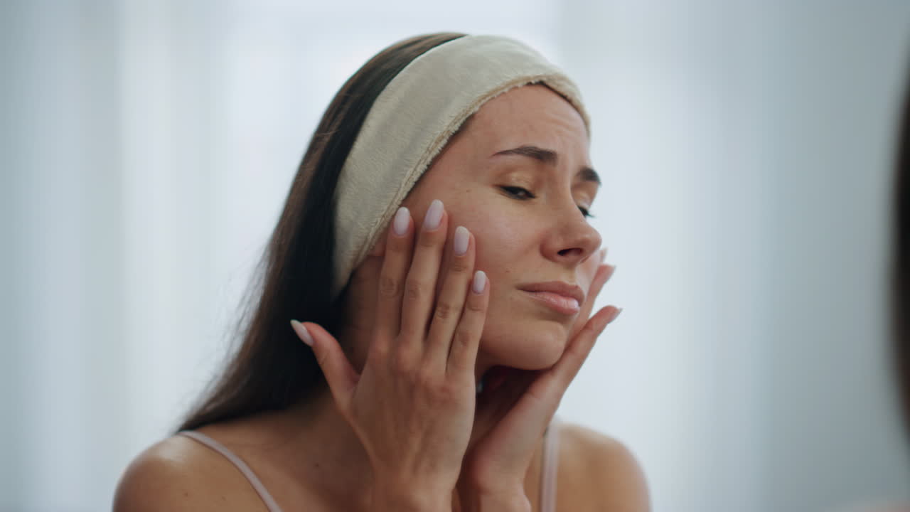 Worried lady facial wrinkles problem at mirror. Sad woman checking mimic muscles
