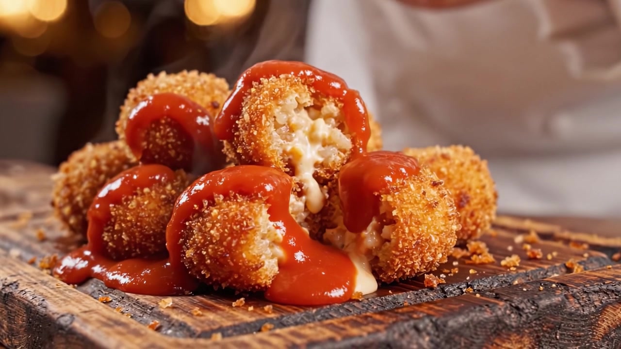 Deliciously Golden Cheese Croquettes Piled High on a Rustic Wooden Board, Drizzled with Savory Tomato Sauce, Exuding Mouthwatering Aroma and Tempting Texture