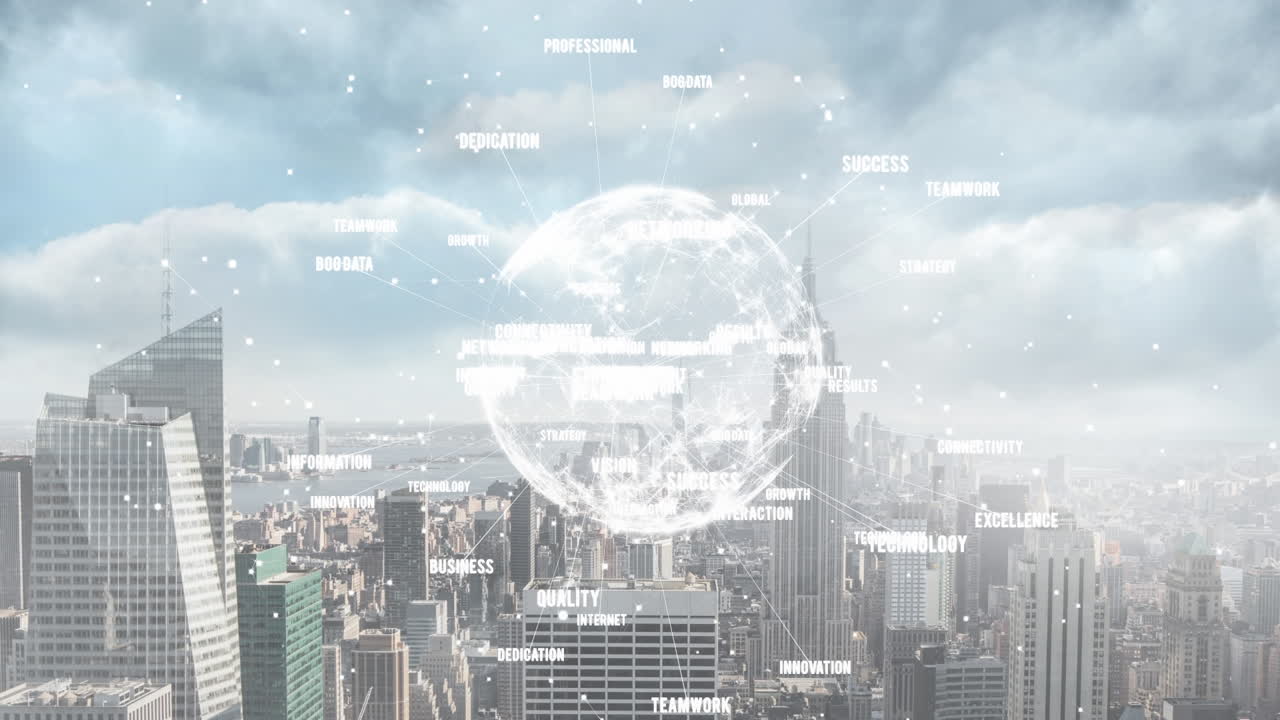 도시 풍경 위의 지구와 연결된 네트워크의 애니메이션