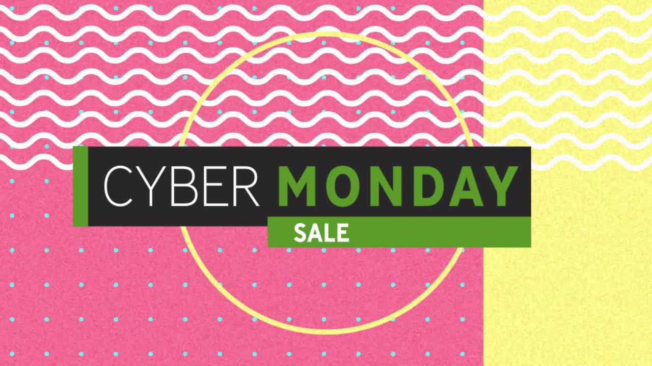 Animation of cyber monday sale text over vibrant pattern background