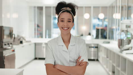 face, chef and happy woman with arms crossed