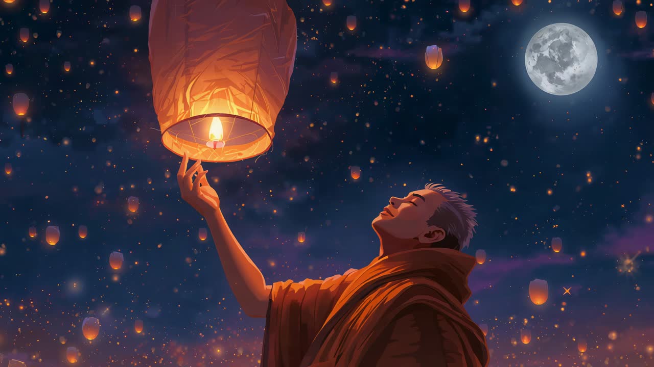 Uomo incappucciato che solleva una lanterna accesa mentre una massa di lanterne si alza in un campo, guardando la luna, spazio per la copia
