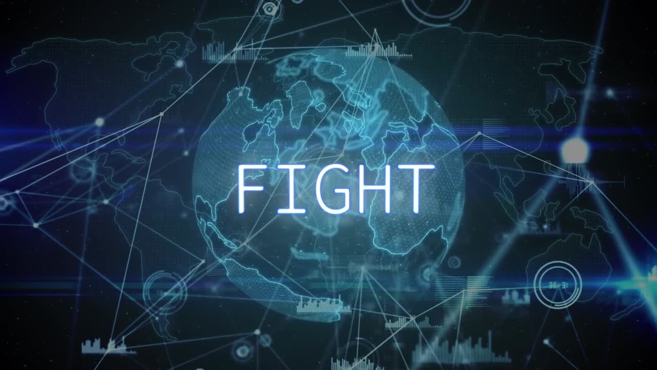 Animation af teksten 'fight' over globus og netværk af forbindelser