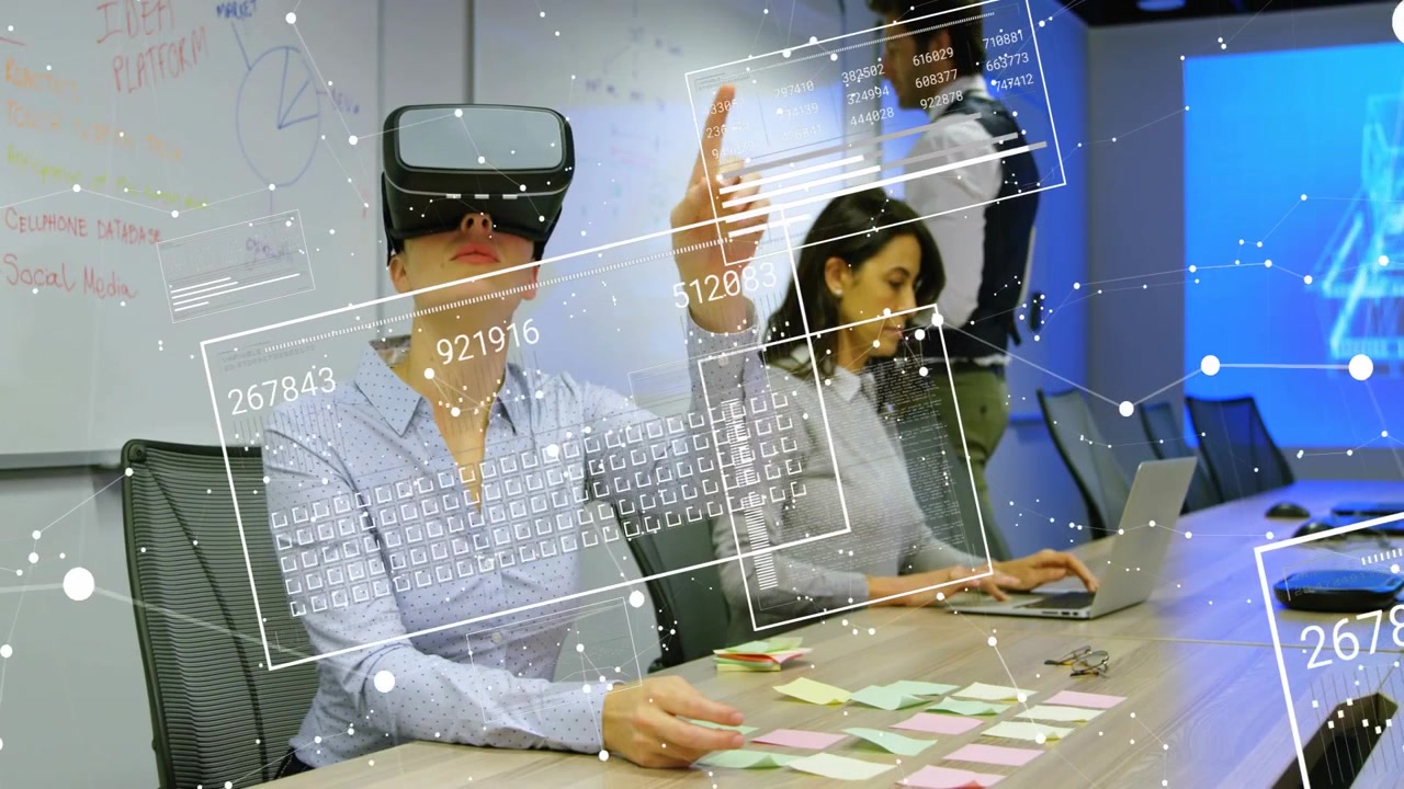 Headset user putting on VR headset, pointing and swiping AR panels to review diagrams