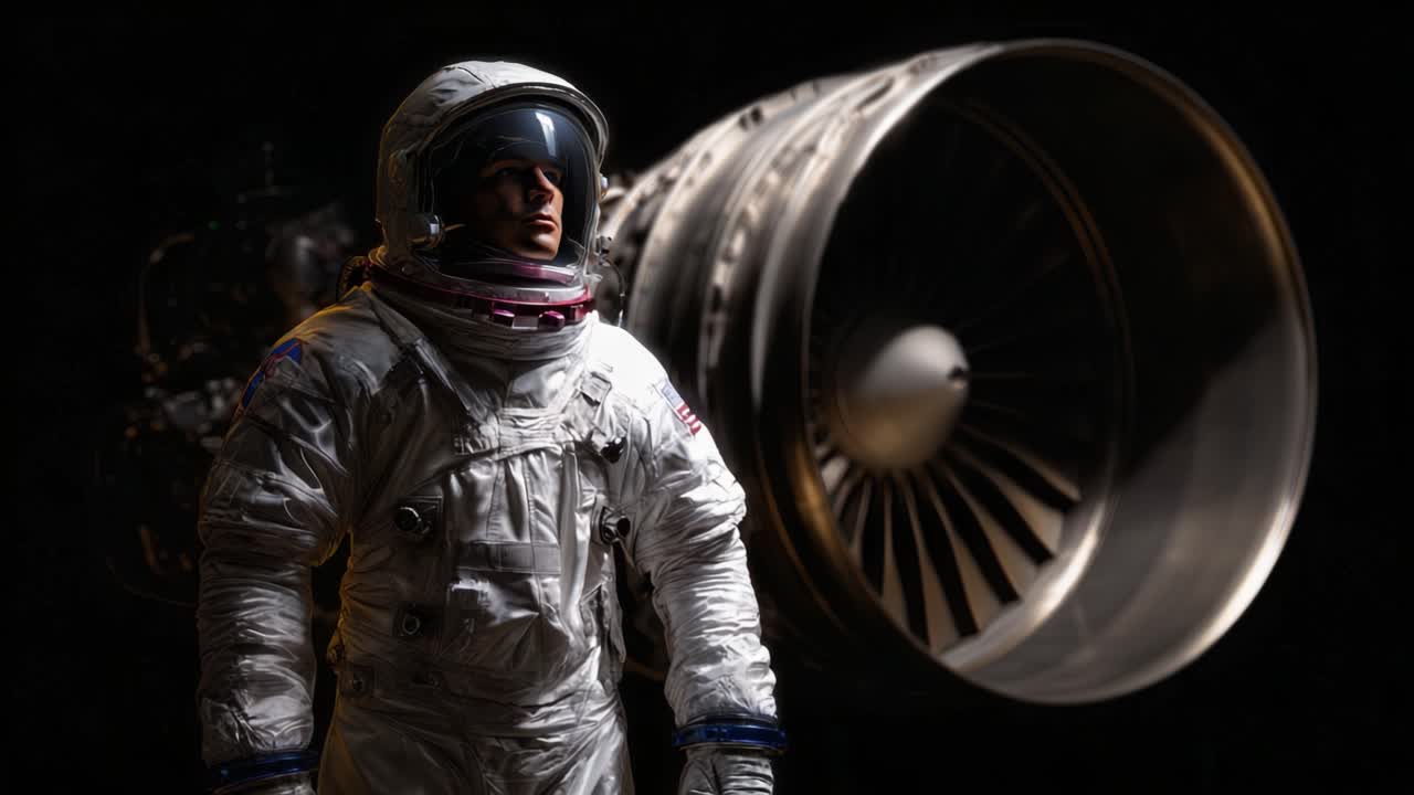 En astronaut i en reflekterende rumdragt står selvsikkert ved siden af en kraftig jetmotor, hvilket symboliserer fusionen af rumforskning og luftfartsteknologi