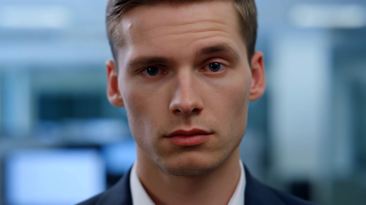 Closeup Male Executive In Office, Stern Expression With Direct Eye Contact, Tailored Navy Suit And Crisp White