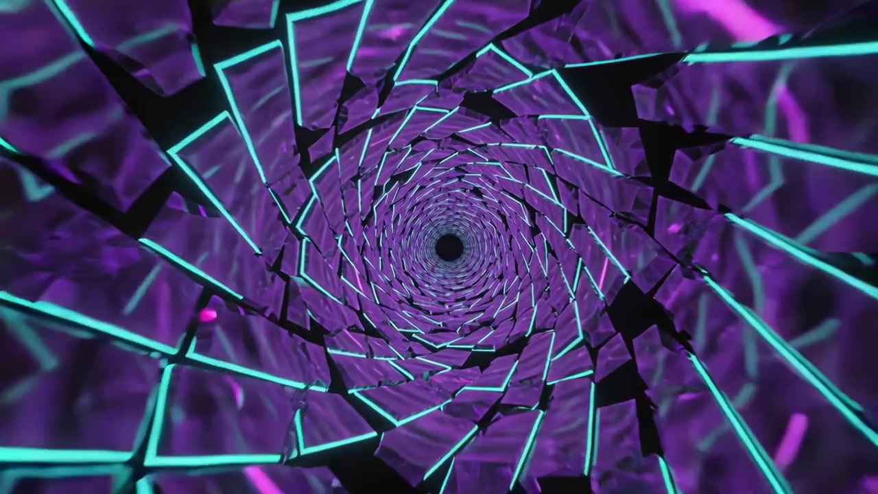 Playback starting spiraling tunnel with cyan edges rotating into center in 3D, drawing eye inward